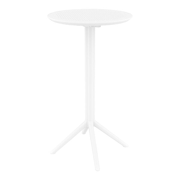 A Siesta Sky white round bar height foldable table with a white metal base.