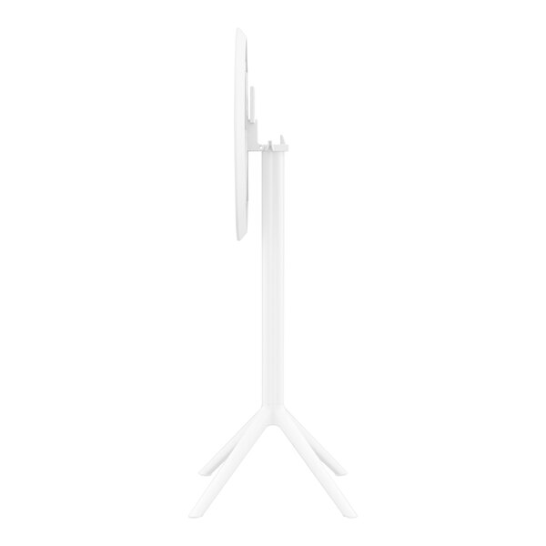 A white round Siesta Sky bar height table on a white folding tripod.
