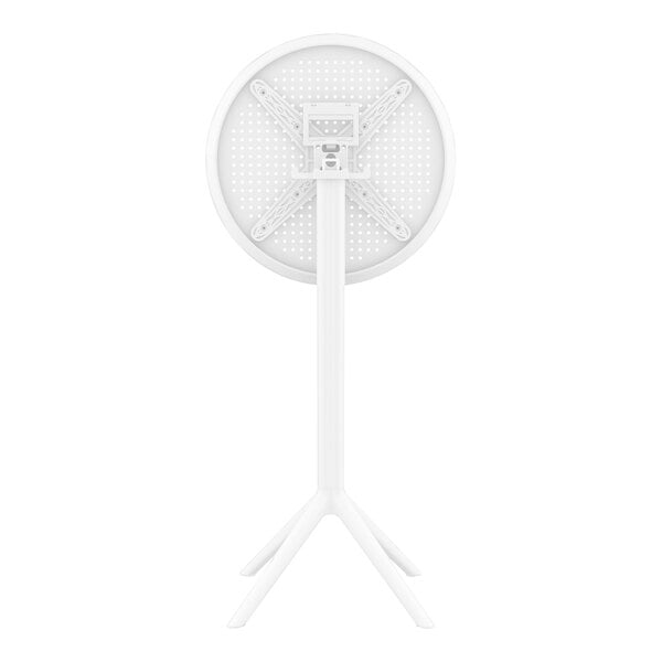 A white round Siesta Sky bar height table on a white stand with a cross.