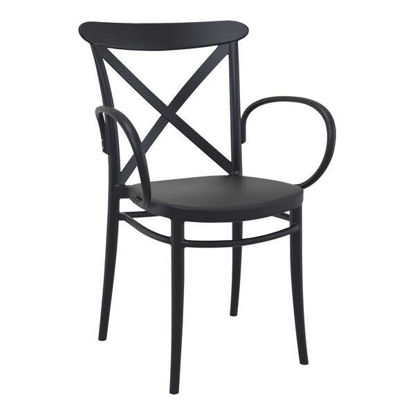 A black resin Siesta Cross XL outdoor dining arm chair.