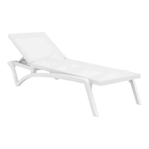 A Siesta Pacific white resin chaise lounge with white sling fabric on a white background.