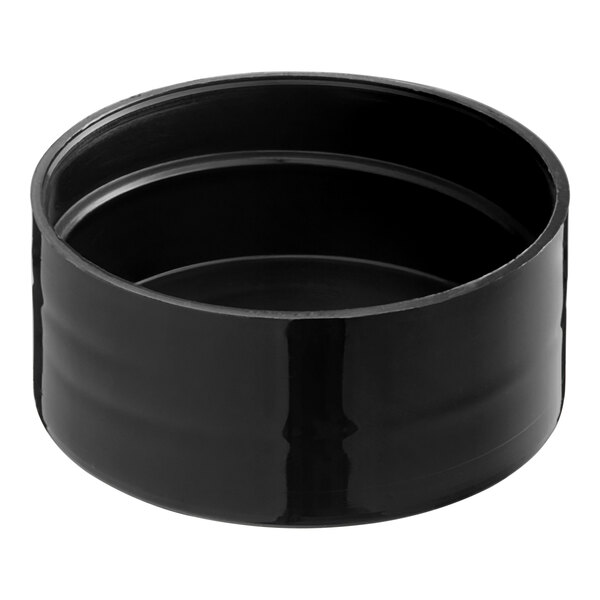 A 3.75 oz. black round plastic spice container with a black lid.