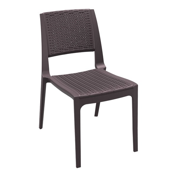 A brown plastic Siesta Verona outdoor dining chair with a woven back.