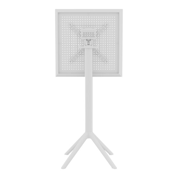 A white square plastic bar height table with holes in it.