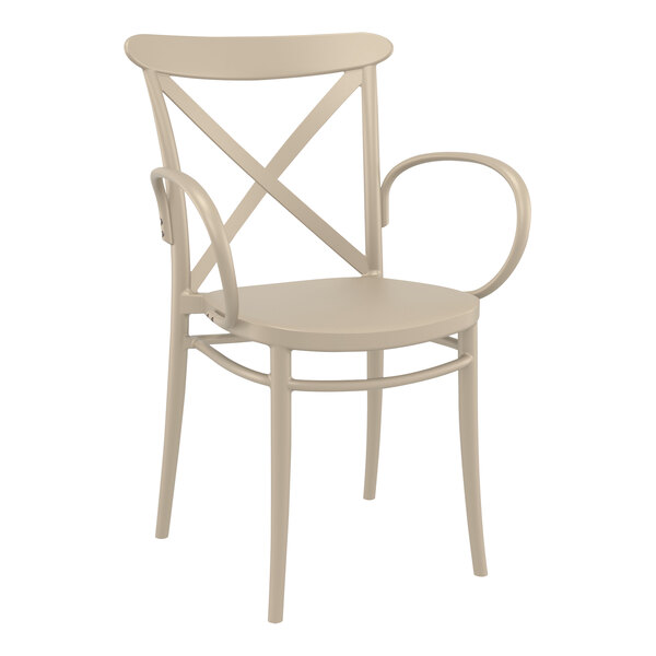 A taupe resin chair with armrests and a curved back.