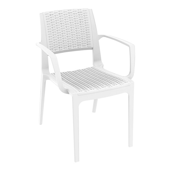 A white plastic Siesta Capri outdoor dining chair with a wickerlook seat.