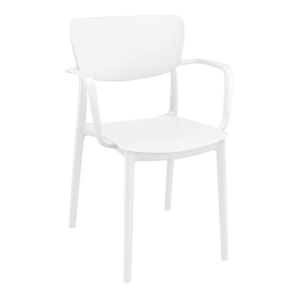 A Siesta Lisa white plastic outdoor dining arm chair.