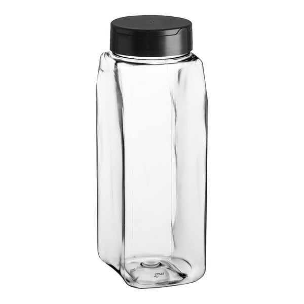 A rectangular clear plastic spice container with a black dual flapper lid with 7 holes.
