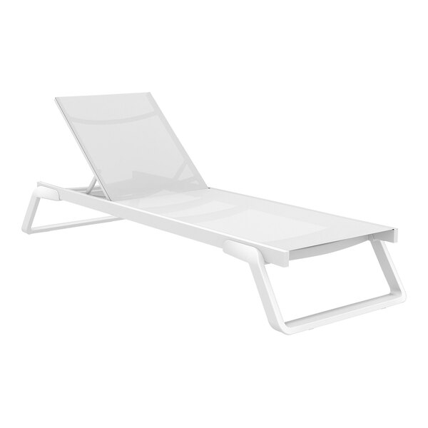 A Siesta Tropic white resin chaise lounge with white sling on a white background.