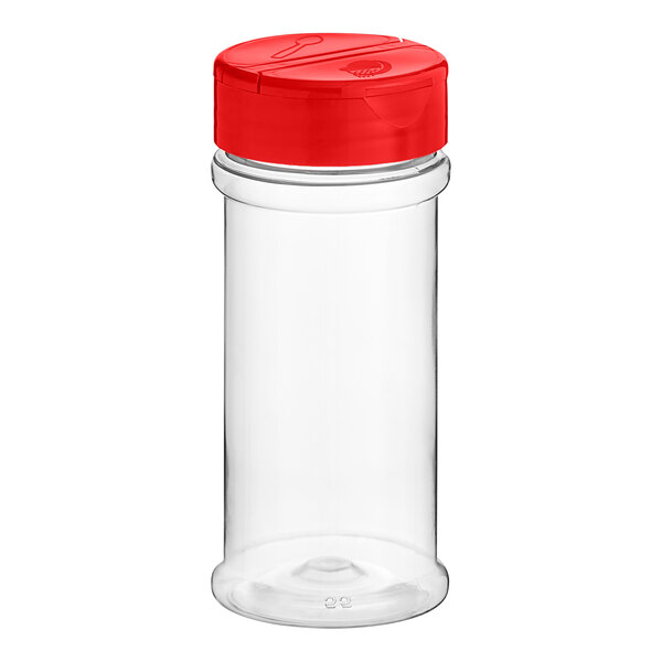 A clear plastic round spice container with a red dual flapper lid.