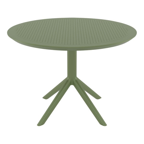 A Siesta Sky olive green round table with a metal base and legs.