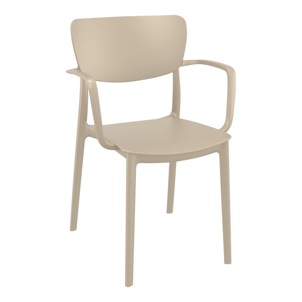 A tan plastic Siesta Lisa outdoor dining arm chair.