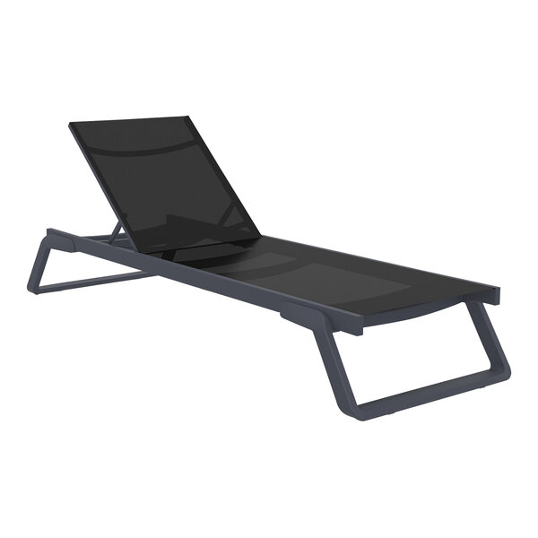 A dark gray resin outdoor chaise lounge with black sling on a white background.