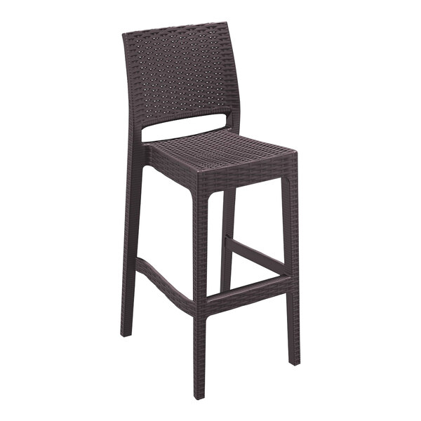 A Siesta Jamaica brown wicker outdoor barstool with a backrest.