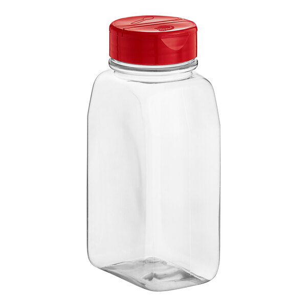 A clear plastic rectangular spice container with a red dual flapper lid.