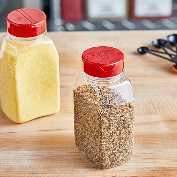 16 oz. Rectangular Plastic Spice Container and 53/485 Black Induction-Lined Dual Flapper Lid with 7 Holes - 140/Case