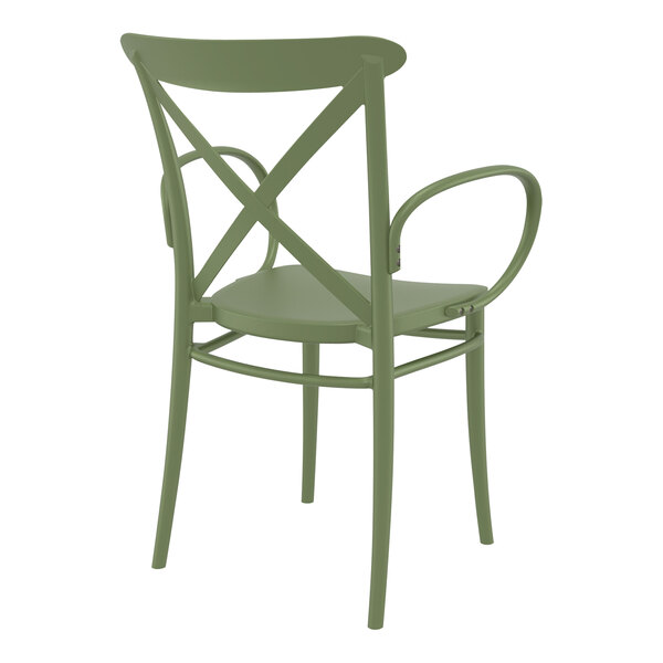 A Siesta Cross XL olive green resin outdoor dining arm chair.