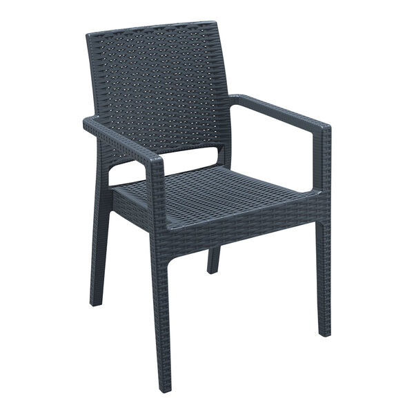 A dark gray plastic chair with armrests.