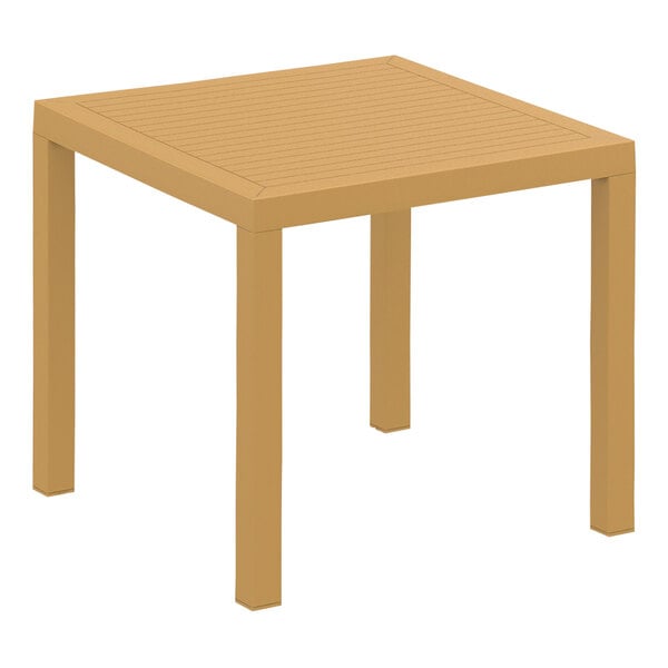 A Siesta Ares square teak table with a brown finish.
