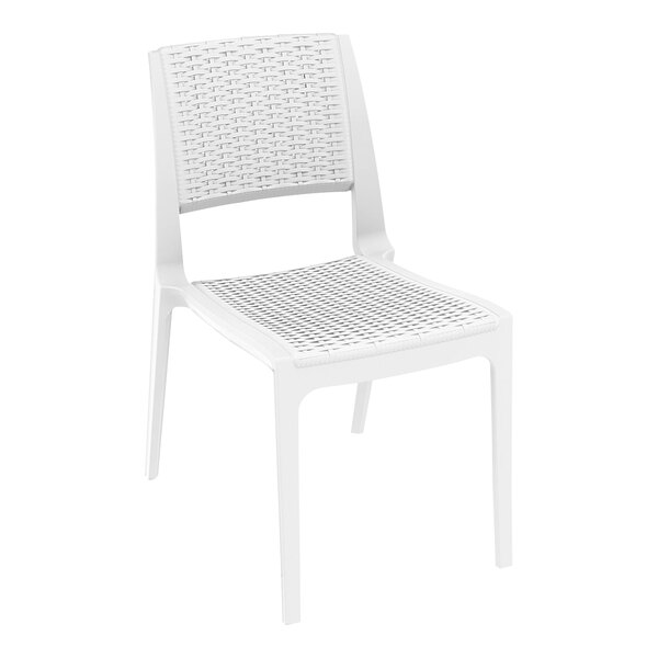 A Siesta Verona white wickerlook resin outdoor dining chair with a woven seat.