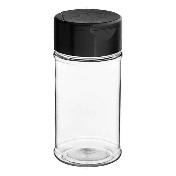 A clear plastic round spice container with a black induction-lined flip and sift lid.