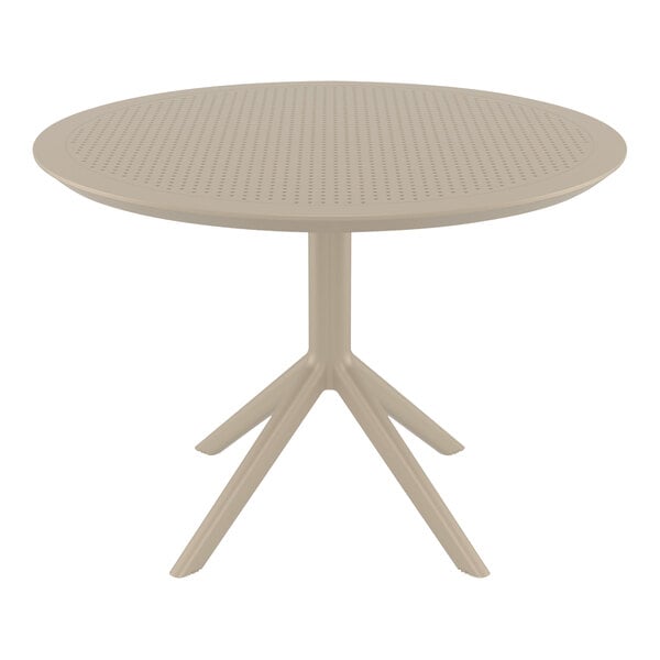 A Siesta Sky round taupe table on a white base.