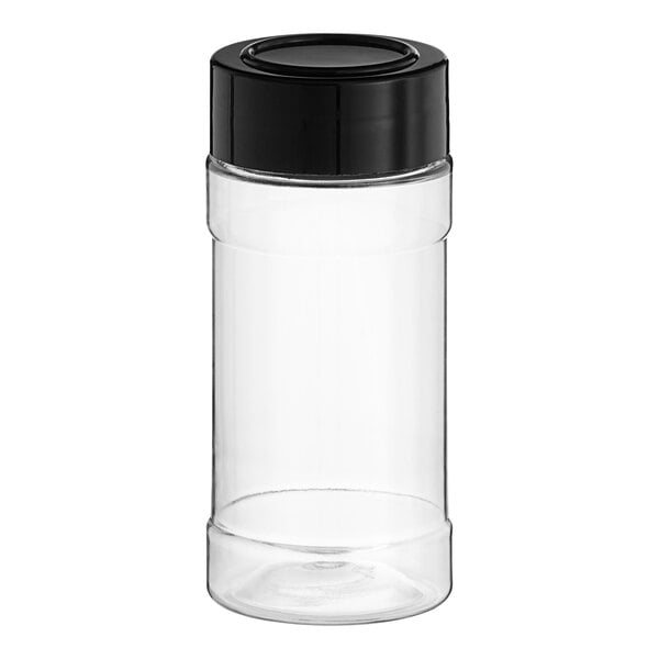 A clear plastic container with a black lid containing white powder.