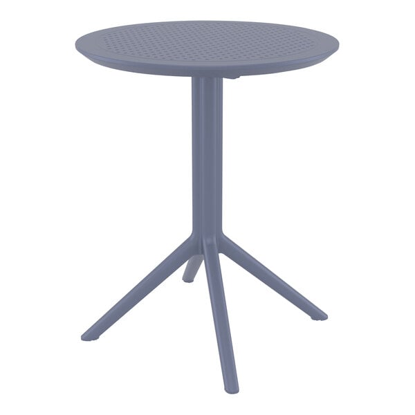 A Siesta Sky round table with a dark grey top and metal base.