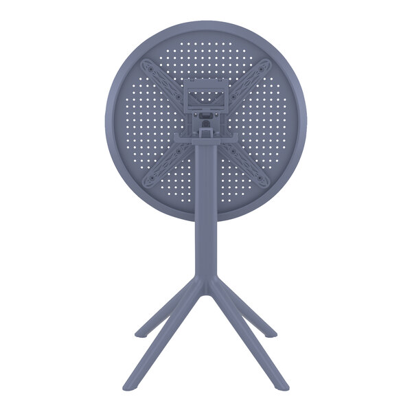A Siesta Sky dark gray round folding table on a metal base.