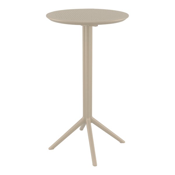 A taupe round bar height table with a metal base.