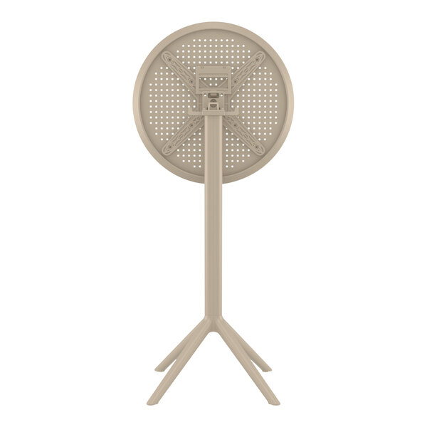 A round taupe plastic table on a tripod stand.