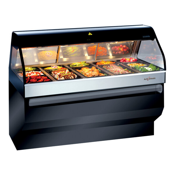 An Alto-Shaam black heated countertop food display case with food in it.