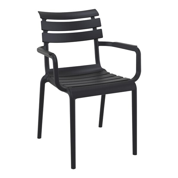 A Siesta Paris black resin outdoor dining arm chair with armrests.