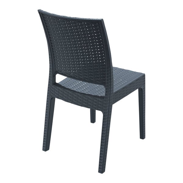 A dark gray plastic chair with a woven seat and backrest.