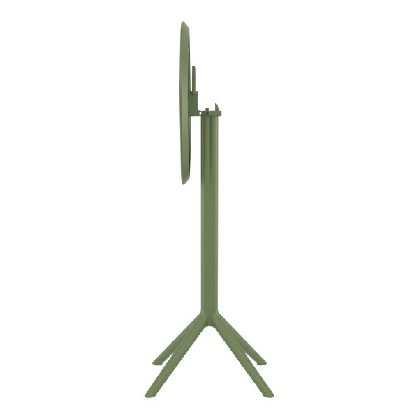 A round olive green Siesta Sky bar height folding table with a green pole and white stand.