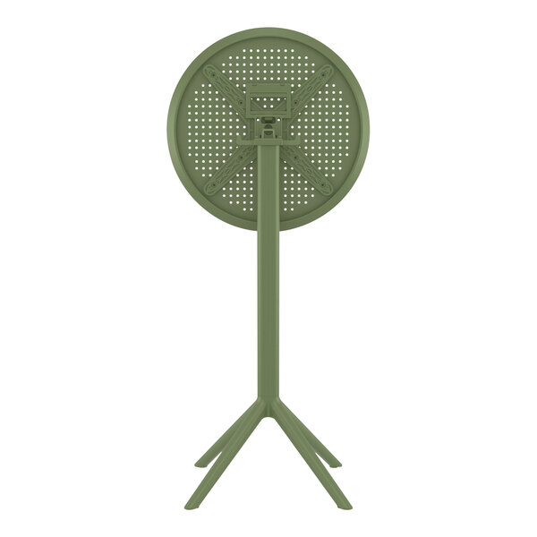 A green circular metal table with a metal pole and holes on a white background.