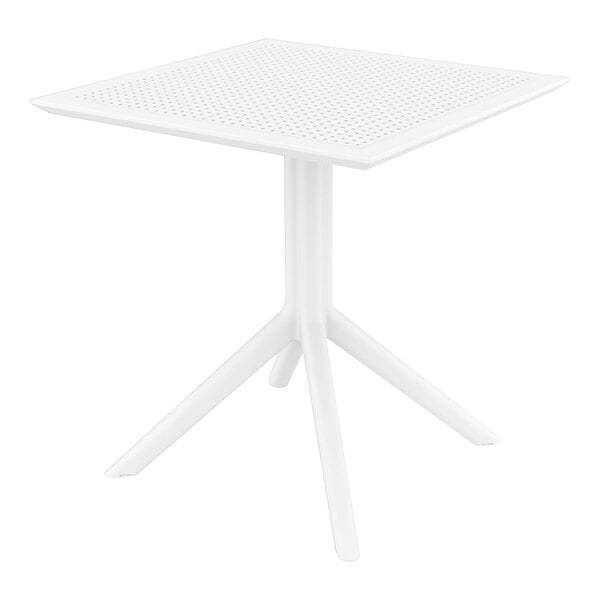 A Siesta Sky white square table with a metal base.