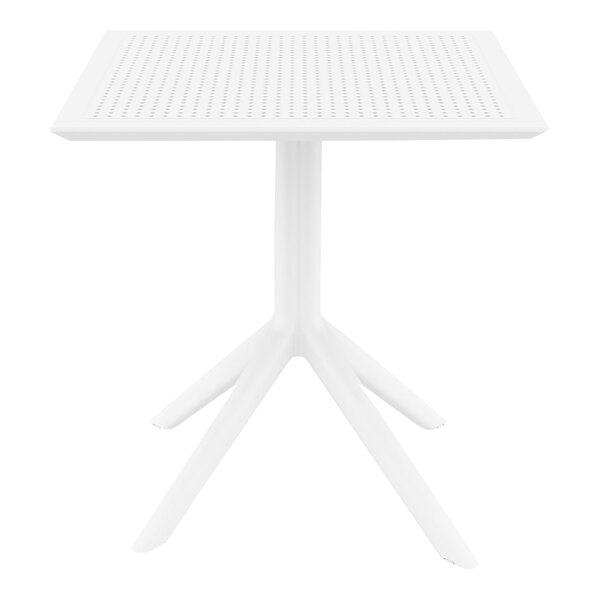 A Siesta Sky white square table with a metal base.