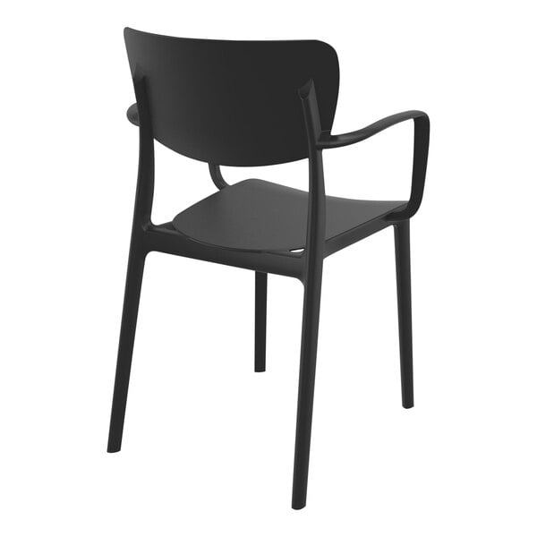 A Siesta Lisa black resin outdoor dining arm chair. A black resin outdoor dining arm chair.