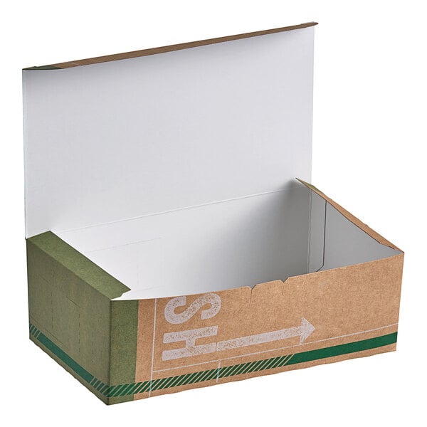 A 9" x 5" x 3" cardboard take-out box with a white and green stripe and a lid open.