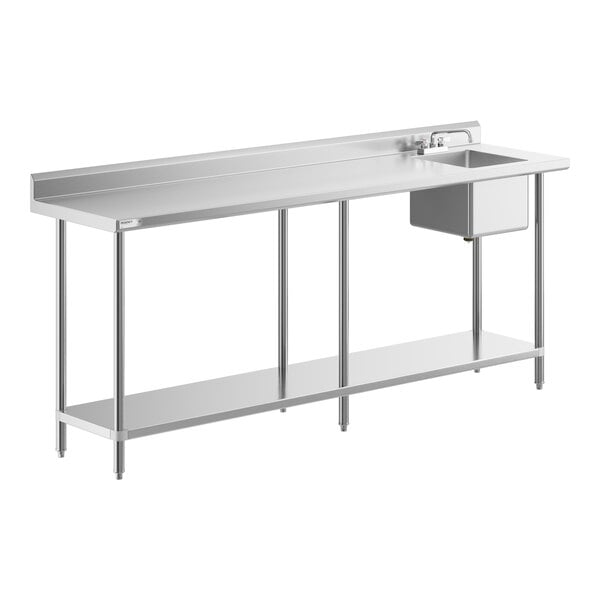 A stainless steel work table with a right-side sink, faucet, and lower shelf.
