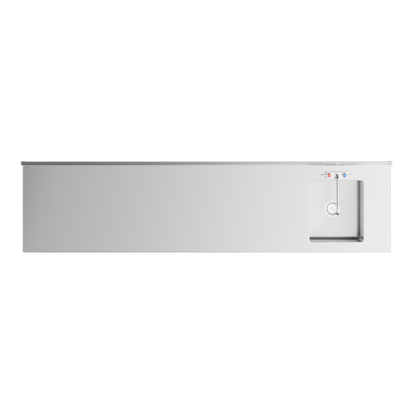 A stainless steel work table with an integrated sink and faucet on the right side.