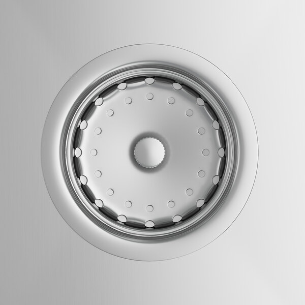 A stainless steel sink drain set in a work table surface.