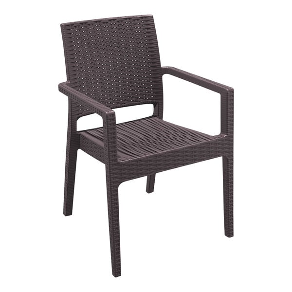 A Siesta Ibiza brown wicker outdoor dining arm chair with armrests.