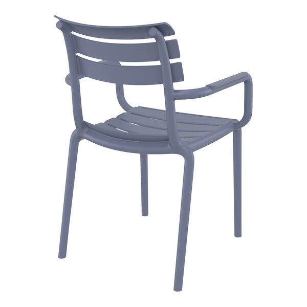 A dark gray plastic Siesta Paris outdoor dining arm chair with armrests.
