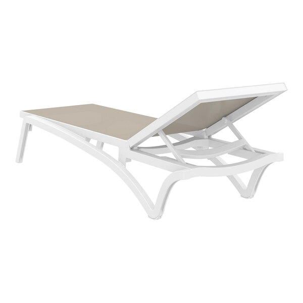 A Siesta Pacific white resin chaise lounge with a taupe sling.
