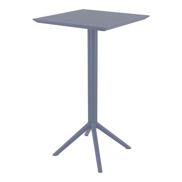 A Siesta Sky dark gray square bar height table with a metal base.