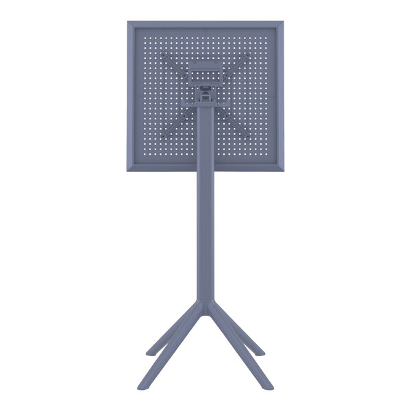 A dark gray square bar height table on a metal stand