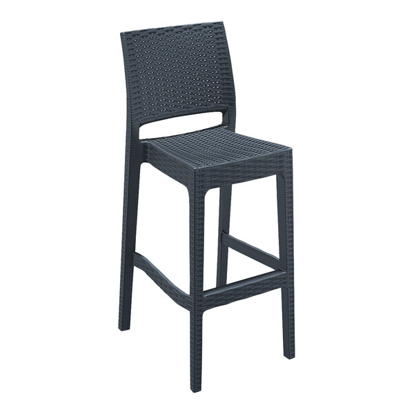 A dark gray Siesta Jamaica wickerlook outdoor barstool with a backrest.