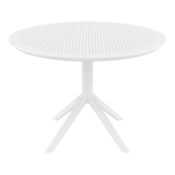 A Siesta Sky white round table with a white base.